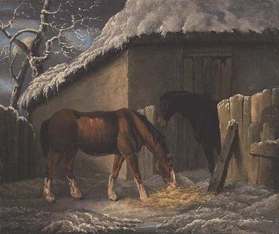 Bir ahırın dışında iki atın beslendiği bir kış manzarası (1804 tarihli) by Thomas Hand