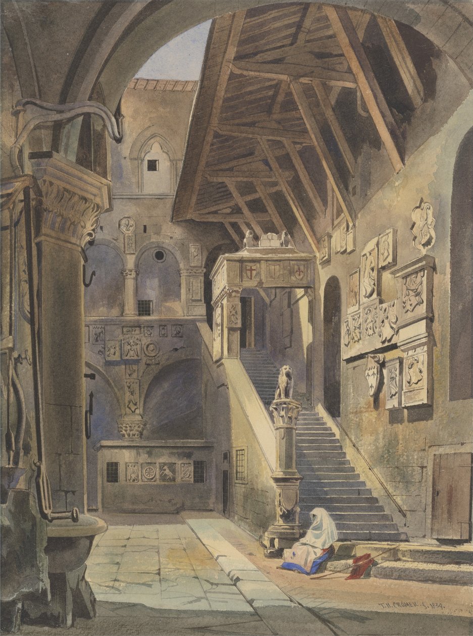 Bargello Mahkemesi, Floransa, 1839 (kağıt üzerinde mürekkep ve kurşun kalemle tuvalet) by Thomas Hartley Cromek