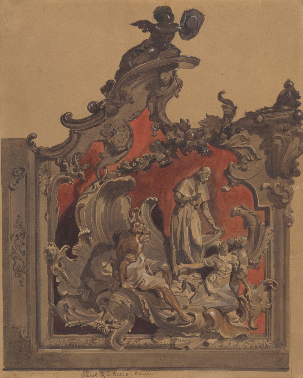 School of San Rocco, Venice: Study for curved decoration (pen & ink, wc and bodycolour over pencil on paper) by Thomas Hartley Cromek
