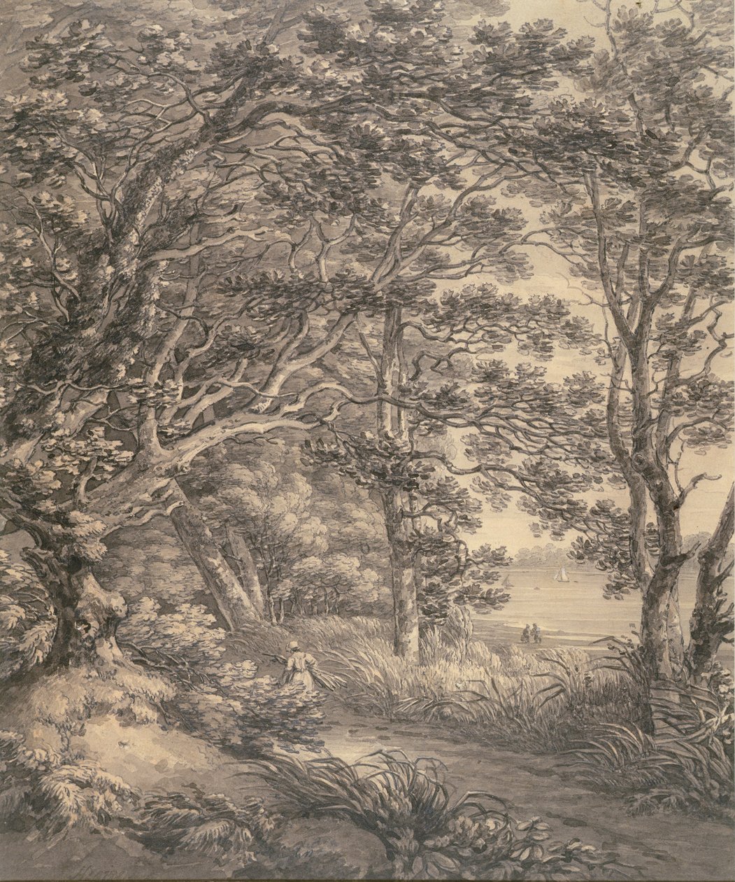 River Landscape with Figures (grey wash und graphite on paper) by Thomas Hearne