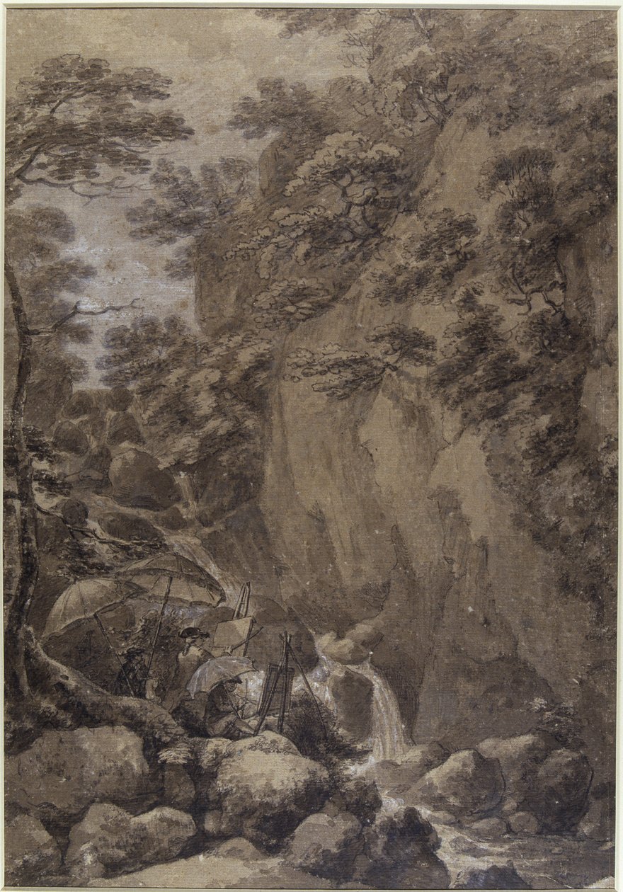 Sir George Beaumont ve Joseph Farington bir şelale boyarken, 1777 (kağıt üzerinde yıkama ile kalem ve mürekkep) by Thomas Hearne