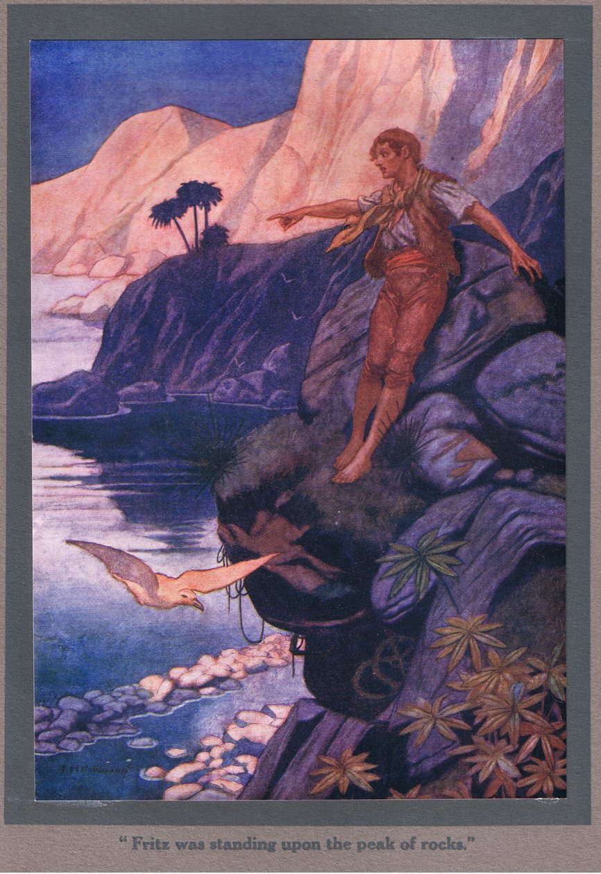 Fritz kayaların zirvesinde duruyordu (renkli litografi) by Thomas Heath Robinson