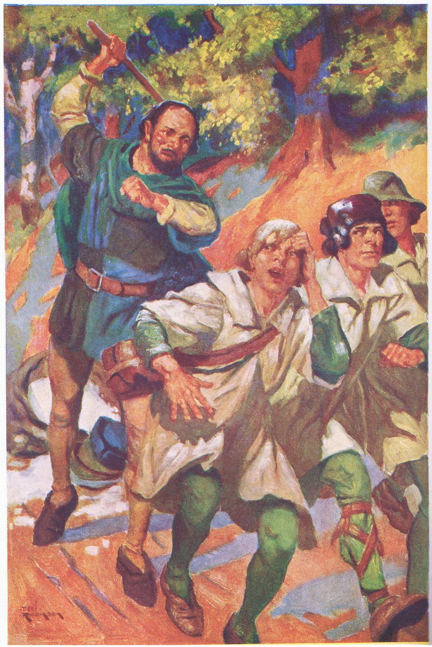 Üçünü önüne kattı, öfke ve acı dolu çığlıkları kahkaha sesleriyle bastırıldı (renkli taş baskı) by Thomas Heath Robinson