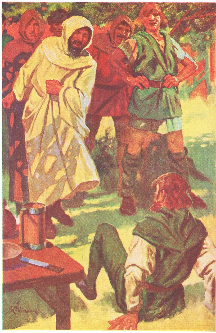 Kolunu sıvadı ve kolunu kaldırarak haydutun göğsüne tam bir darbe indirdi (renkli taş baskı) by Thomas Heath Robinson