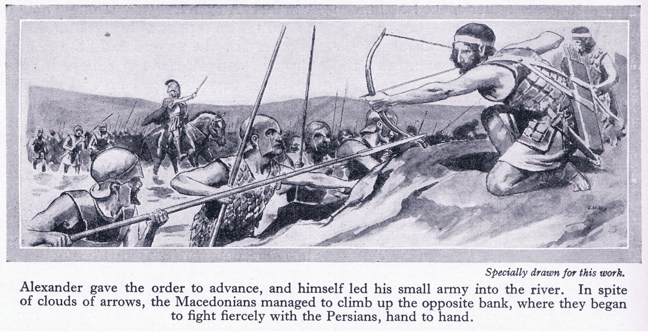 İskender imparatorluğunu nasıl kazandı Pers Kralı Darius, MÖ 334 yılında Makedonlar tarafından mağlup edilen büyük bir ordu topladı, c.1950 (lito) by Thomas Heath Robinson