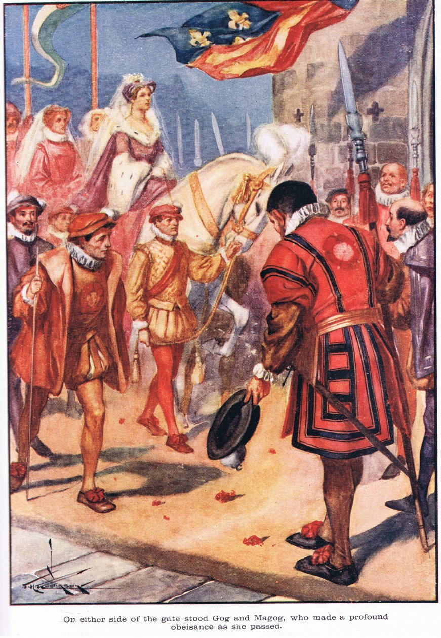 Kapının iki yanında, kadın geçerken derin bir saygı duruşunda bulunan Yecüc ve Mecüc (renkli taş baskı) by Thomas Heath Robinson