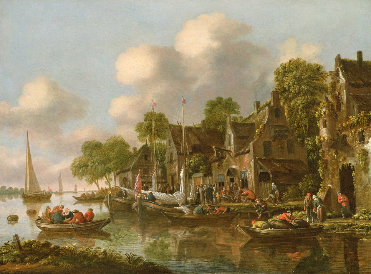Bir taverna tarafından tekneler ve figürler ile bir nehir manzarası, 17. yüzyıl by Thomas Heeremans