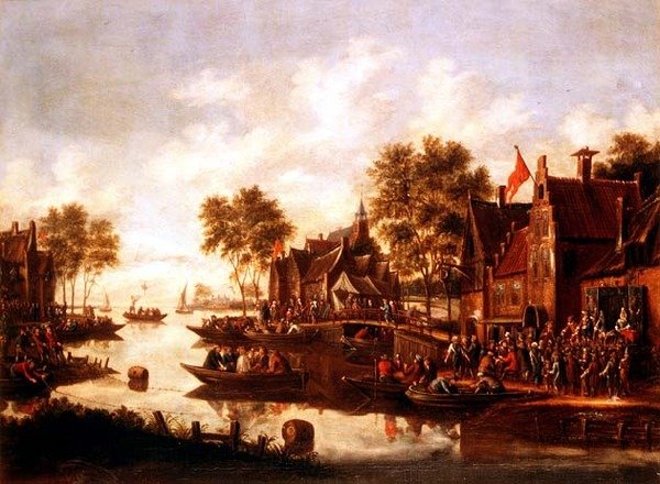 Bir hanın yanında bir sahnede oyuncular ve kayıklarda içki içen adamlarla bir köy kermesi by Thomas Heeremans