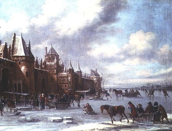 Artistik buz pateni ve ötesinde bir kale ile Hollanda haliç sahnesi by Thomas Heeremans