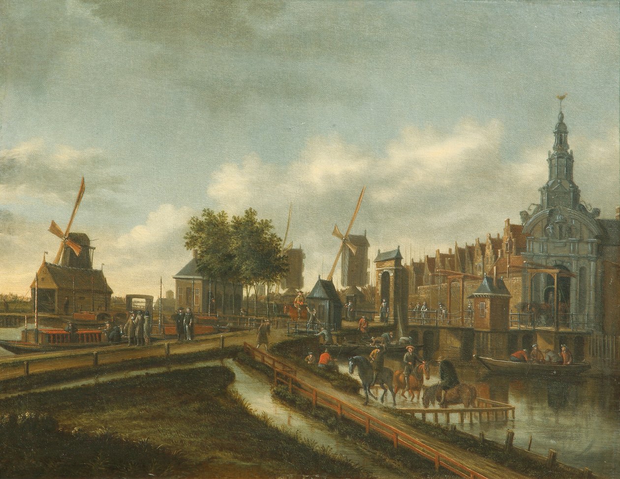 Bir yolda ve teknelerde figürlerle Amsterdam