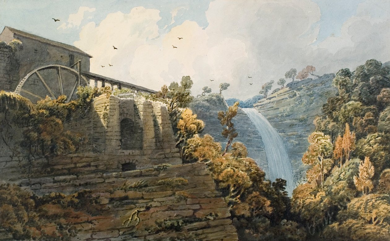 Melincourt Çağlayanı ve Fırını (kağıt üzerine sulu boya ve kalem) by Thomas Hornor