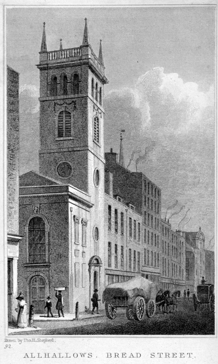 All Hallows Kilisesi, Bread Street, Londra, 1829 by Thomas Hosmer Shepherd