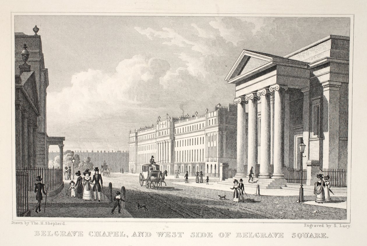 Belgrave Şapeli ve Belgrave Meydanı'nın Batı Yakası, 'Londra ve Ondokuzuncu Yüzyılda Çevresi' pubından. Jones und Co., 1827-1829 by Thomas Hosmer Shepherd
