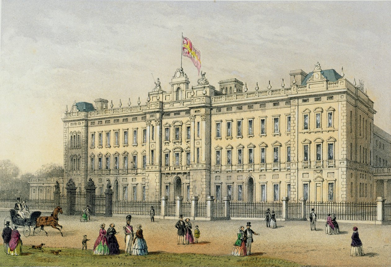 Bachelier tarafından kazınmış Buckingham Sarayı, pub. 1854 by Thomas Hosmer Shepherd