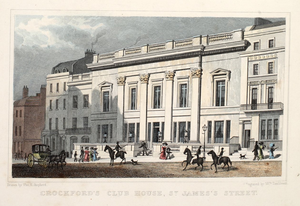 Crockfords Kulüp Evi, St. James Caddesi. bar. 1828 (el renkli gravür) by Thomas Hosmer Shepherd