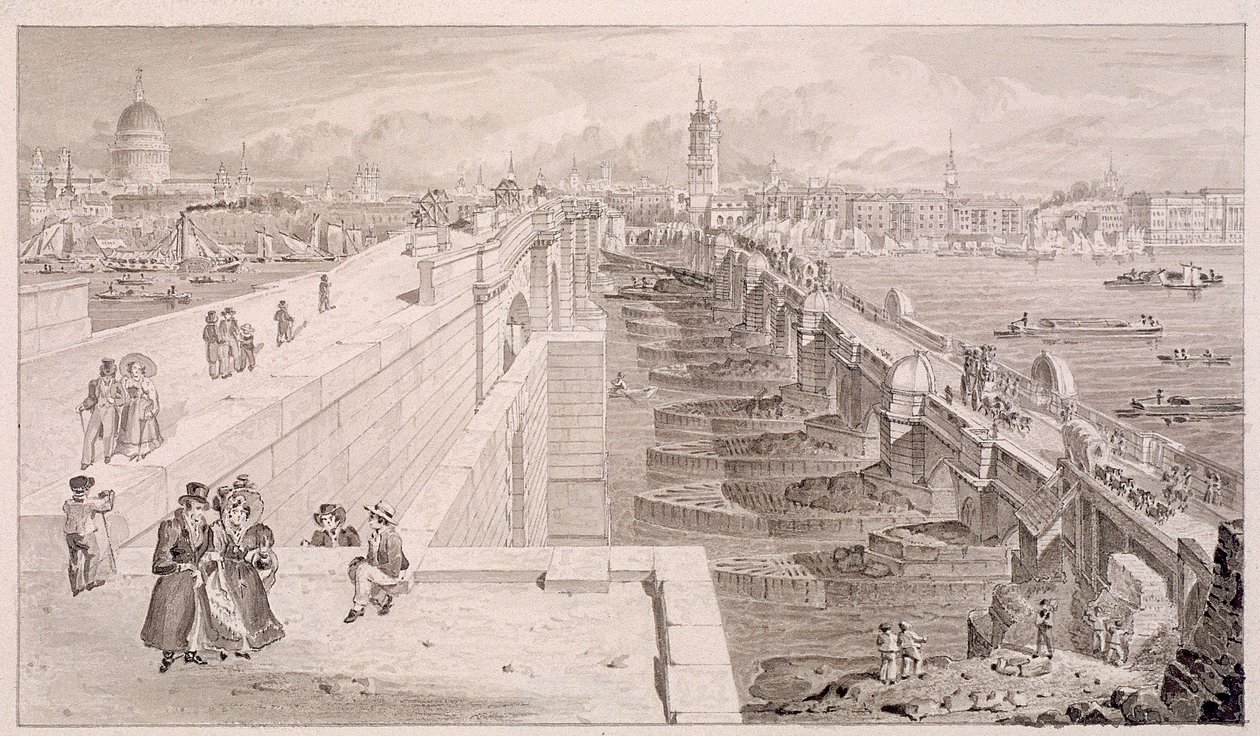 Londra Köprüsü eski ve yeni, Londra, 1831 by Thomas Hosmer Shepherd