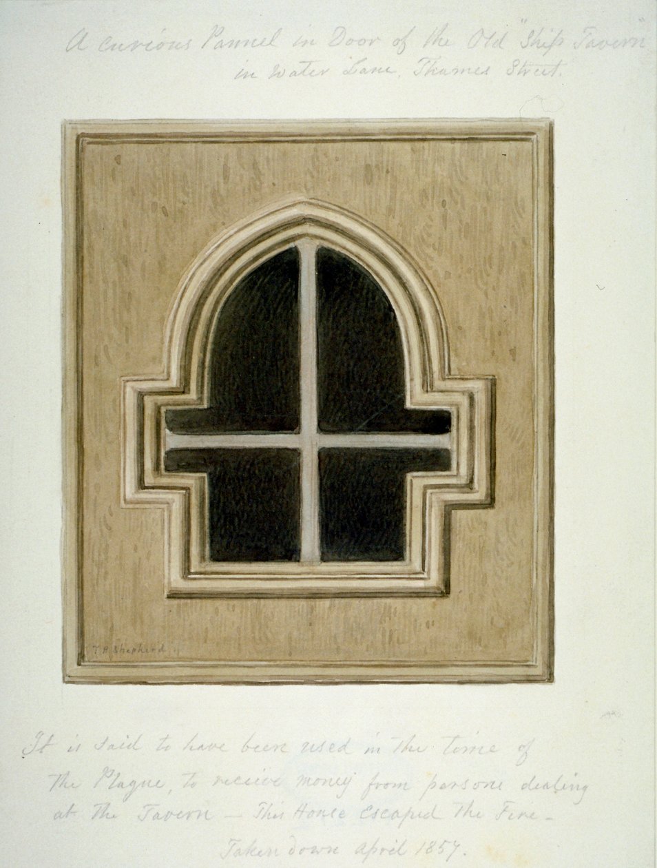 Gemi Tavernasının kapısındaki panel, Water Lane, Londra Şehri, 1857. by Thomas Hosmer Shepherd