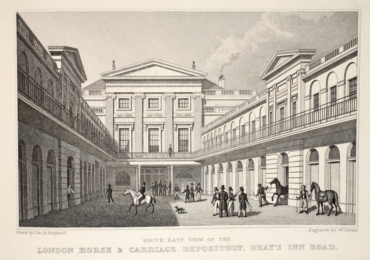 Londra At ve Araba Deposu'nun SE Görünümü, Gray's Inn Road, 'Londra ve Ondokuzuncu Yüzyıldaki Çevresi' pubından. Jones und Co., 1827-1829 by Thomas Hosmer Shepherd