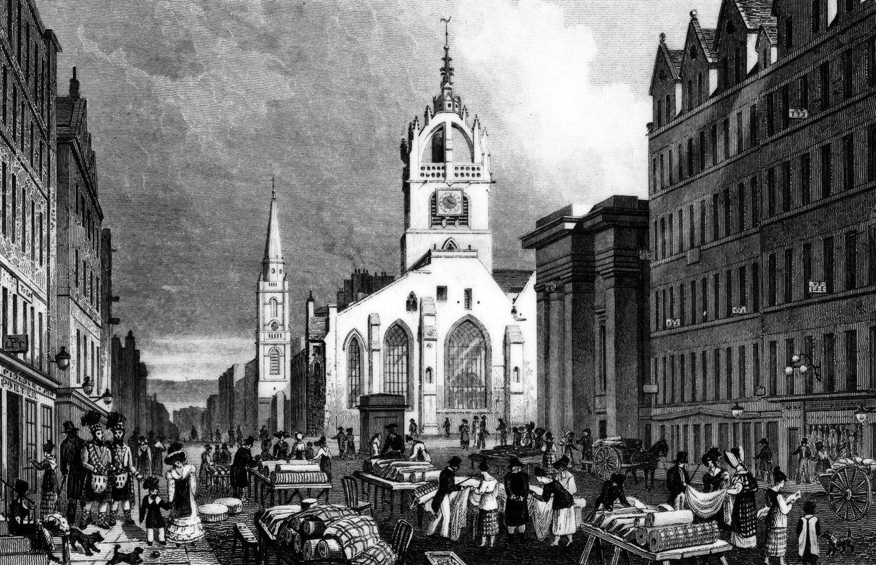 St. Giles Kilisesi, İlçe Binası ve Çim Pazarı, Edinburgh, William Tombleson tarafından oyulmuş, c.1830 (gravür) by Thomas Hosmer Shepherd