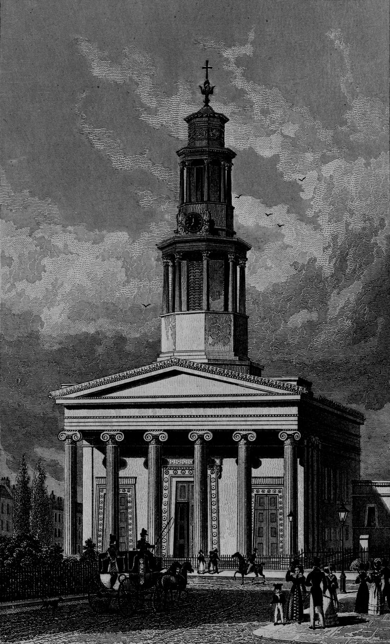 Aziz Pancras Kilisesi, Batı Cephesi, James Tingle 1827 tarafından oyulmuş by Thomas Hosmer Shepherd