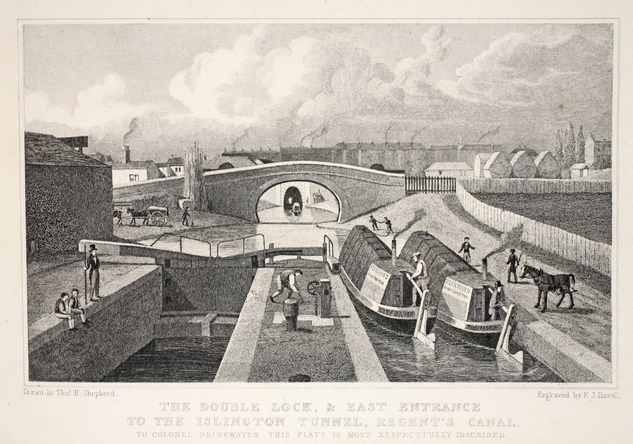 'Londra ve Ondokuzuncu Yüzyılda Çevresi' pub'dan Islington Tüneli, Regent Kanalı'na Çift Dock ve Doğu Girişi. Jones und Co., 1827-1829 by Thomas Hosmer Shepherd