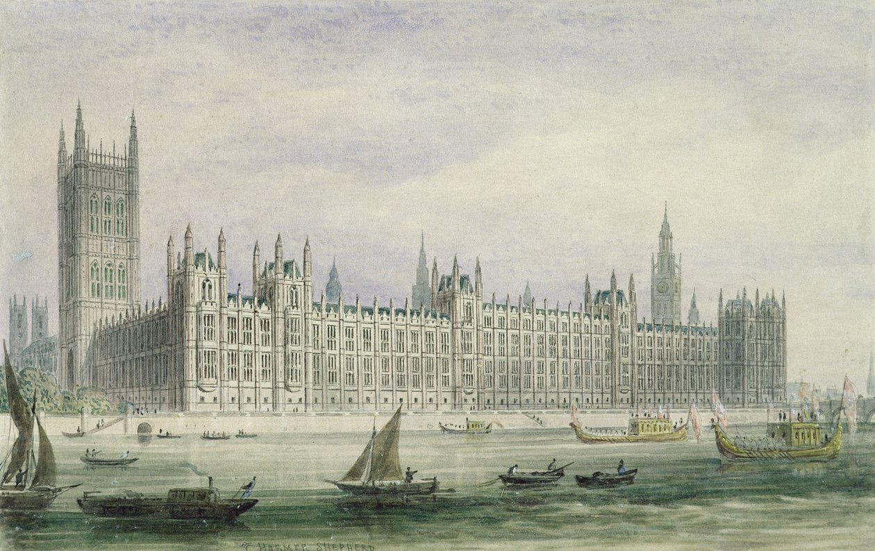 Parlamento Evleri (grafit, kalem ve mürekkep ve kağıt üzerinde wc) by Thomas Hosmer Shepherd