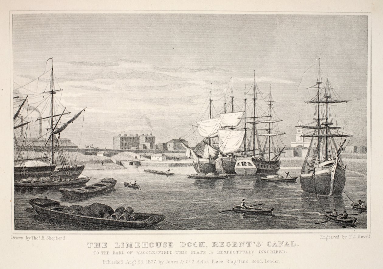 Limehouse Dock, Regent Kanalı, 'Londra ve Ondokuzuncu Yüzyılda Çevresi' pubından. Jones und Co., 1827-1829 by Thomas Hosmer Shepherd