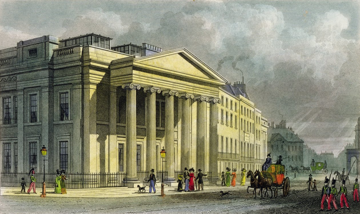 The New College of Physicians, Pall Mall, Doğu, Thomas Barber (1768-1843) tarafından oyulmuş (renkli gravür) by Thomas Hosmer Shepherd