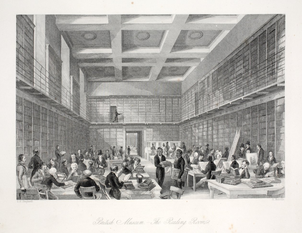 British Museum'daki Okuma Odası ve Kütüphane, 'London Interiors with its Costumes and Seremonies' pub'ından. Joseph Mead, Londra, c.1843 (çelik oyma) by Thomas Hosmer Shepherd