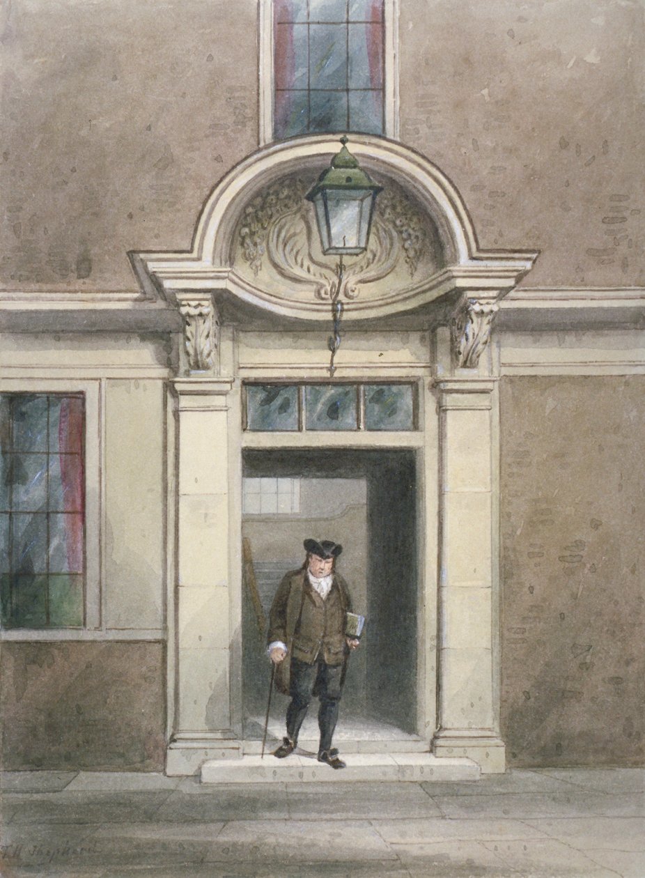 Dr Johnson'ın kapısı ve merdiveninin görünümü, Inner Temple Lane, Londra Şehri, 1855. by Thomas Hosmer Shepherd