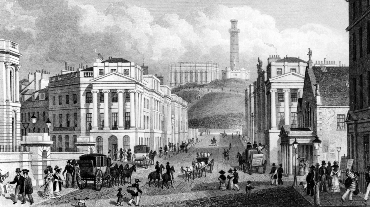 Waterloo Place, Ulusal ve Nelson Anıtları ve Calton Hill, Edinburgh, Thomas Barber tarafından oyulmuş, 1829 by Thomas Hosmer Shepherd