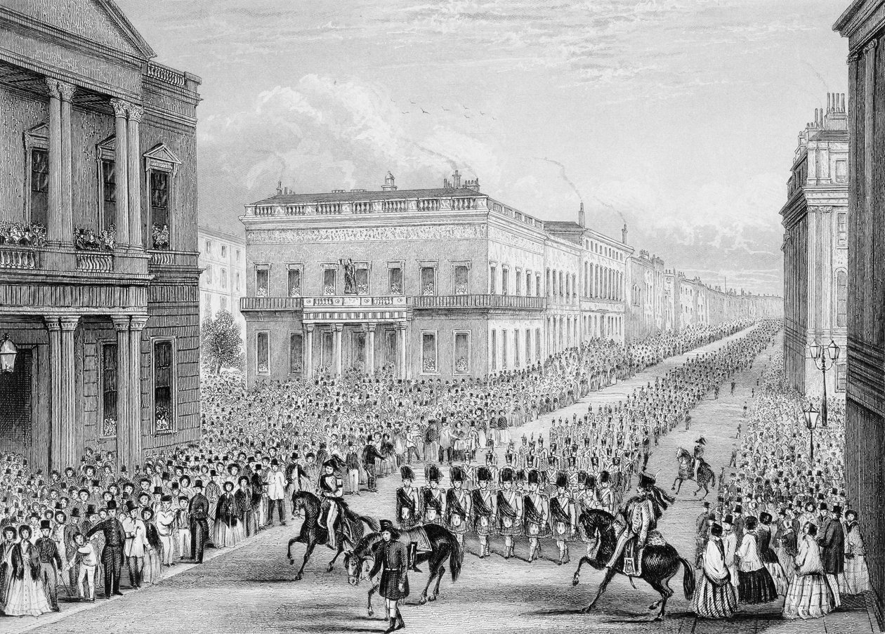 Kıdemli United Service Club geçen Wellington cenaze alayı, Pall Mall, Londra, 1852 by Thomas Hosmer Shepherd