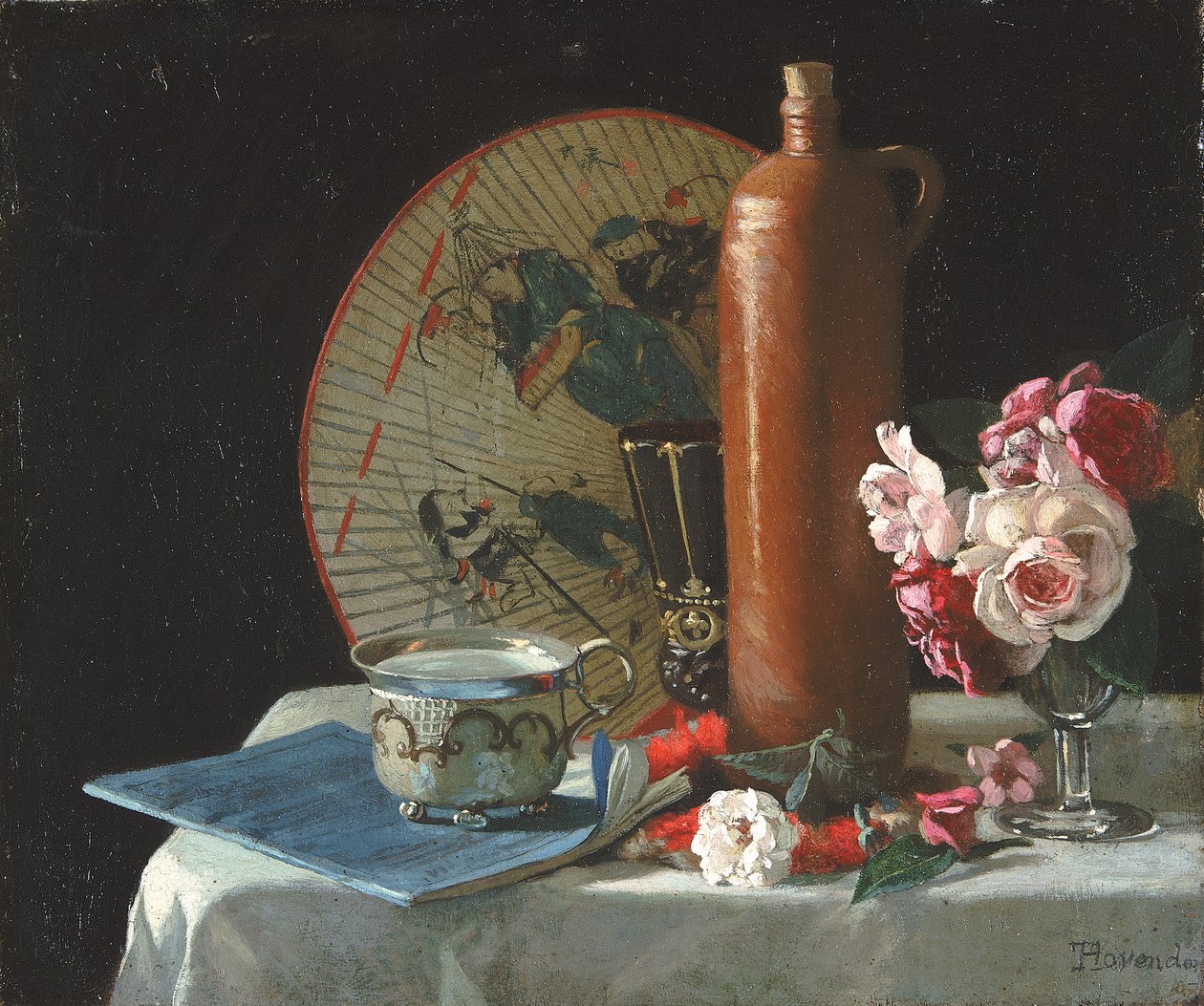 Yelpaze ve Güllerle Natürmort, 1874. by Thomas Hovenden