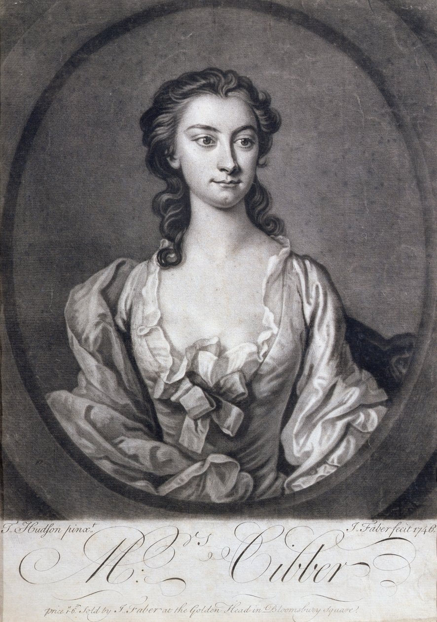 Bayan Cibber'in (1714-66), oyuncu ve şarkıcı portresi, John Faber (1684-1756), 1746 tarafından oyulmuş by Thomas Hudson