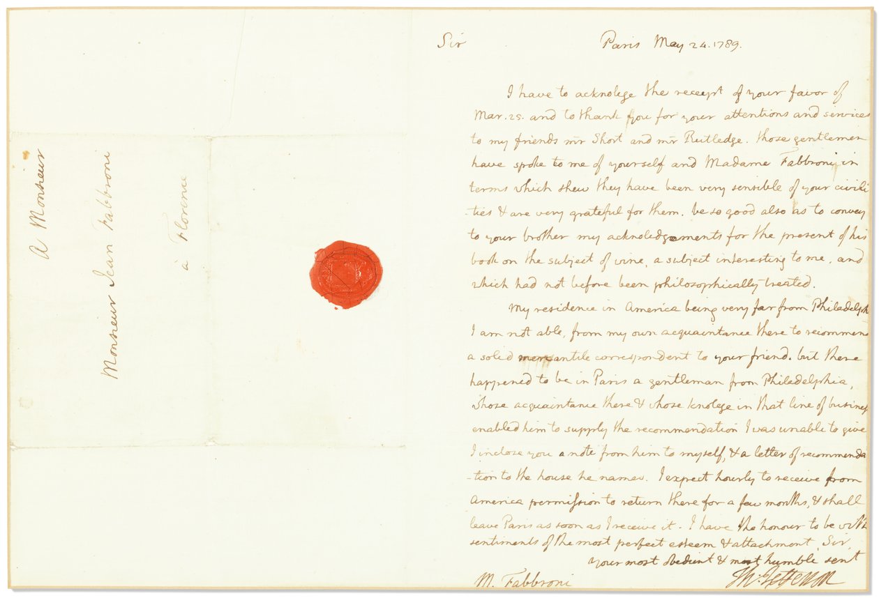 Amerika Birleşik Devletleri Fransa Büyükelçisi olarak imzalanan imzalı mektup, Giovanni Fabbroni, Paris, 24 Mayıs 1789 by Thomas Jefferson
