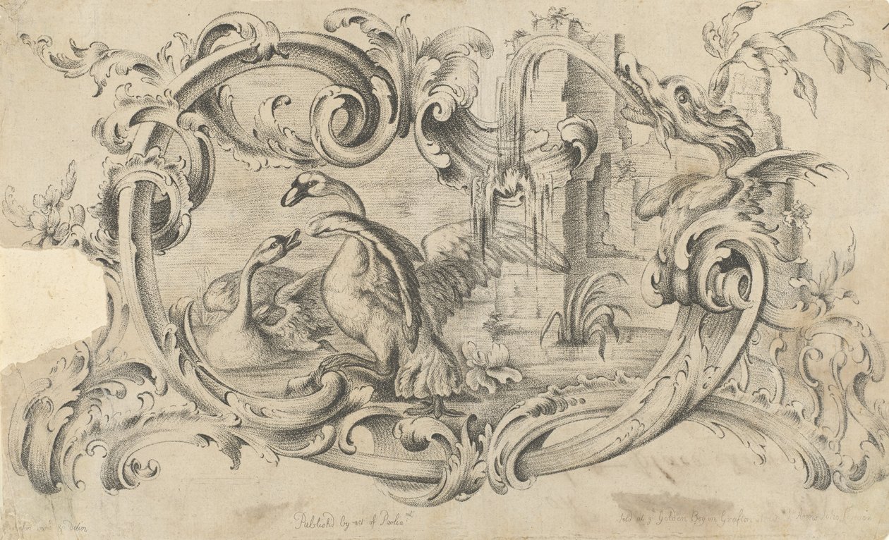 Savaşta İki Kuğu ile Baca Parçası için Tablet Tasarımı, Bir Parşömen İçinde Kapalı..., 1762. by Thomas Johnson
