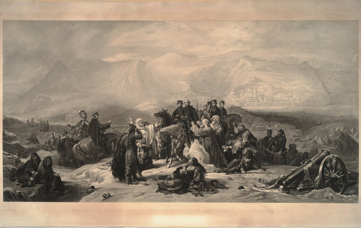 Kars'ın savunması. Sir Fenwick Williams ve ekibinin memurları vatandaşları ile ayrılıyor. by Thomas Jones Barker