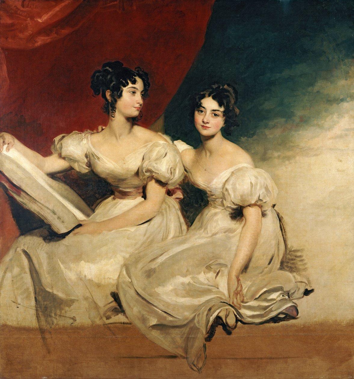 Fullerton kardeşlerin beyaz elbiseler içinde tam boy oturmuş çifte portresi, c.1825 by Thomas Lawrence