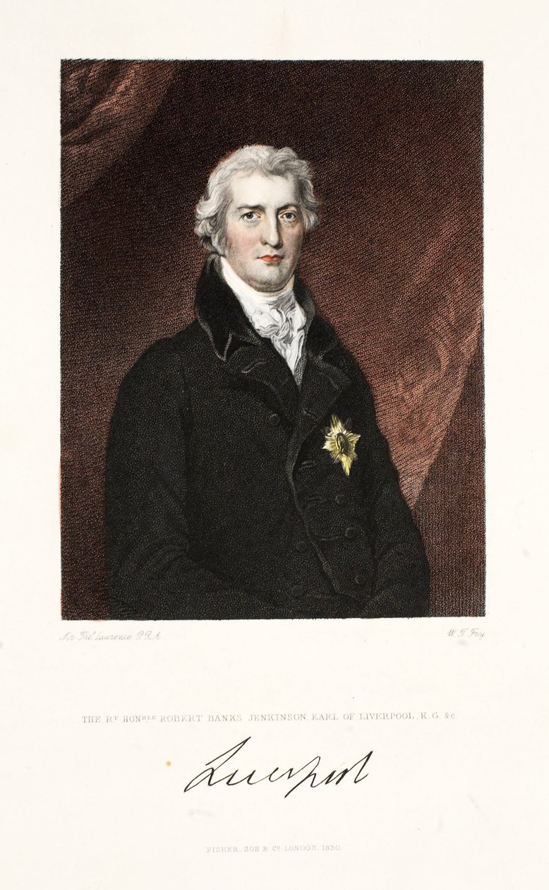 Çok Saygıdeğer Robert Banks Jenkinson, Liverpool Kontu, K.G. ve C., pub. 1830 (el renkli gravür) by Thomas Lawrence