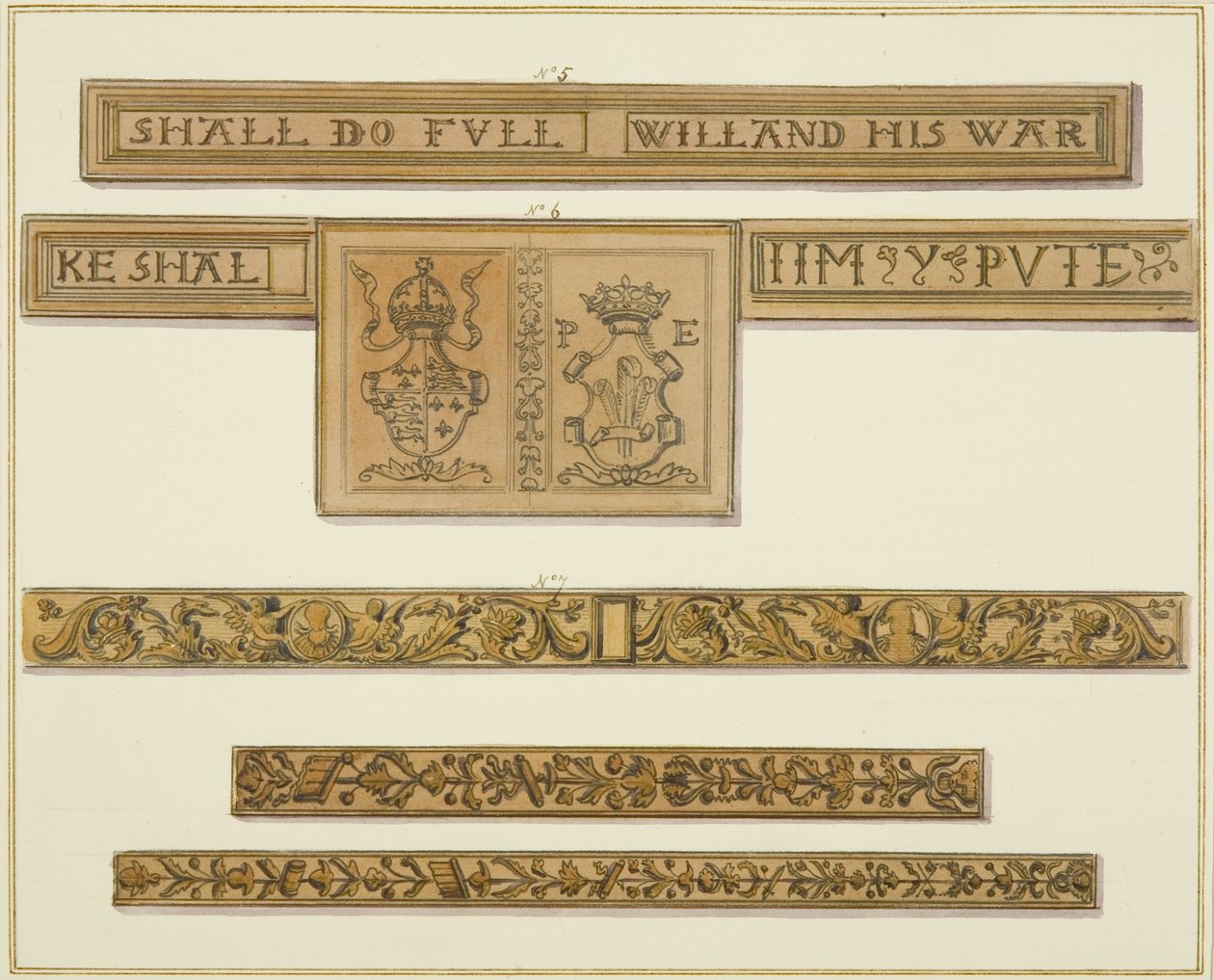 46 Baldwin Caddesi'nden oyma frizler ve armalar (kağıt üzerine suluboya) by Thomas Leeson the Elder Rowbotham