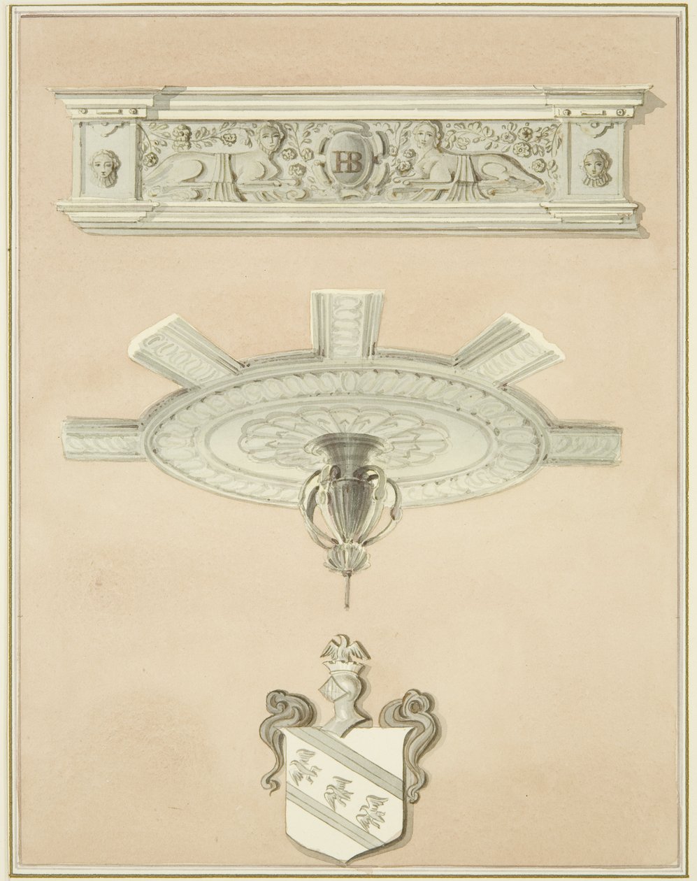 Merkezi tavan pandantifi ve korniş dahil Hukuk Kütüphanesindeki odanın detayları (kağıt üzerine kalem ve sulu boya) by Thomas Leeson the Elder Rowbotham