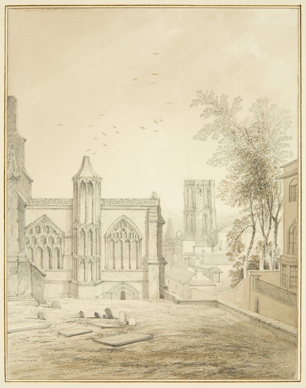 St Mary Redcliffe'in doğu ucu, Tapınak Kilisesi'ni gösteriyor (kalem ve kağıt üzerine sulu boya) by Thomas Leeson the Elder Rowbotham