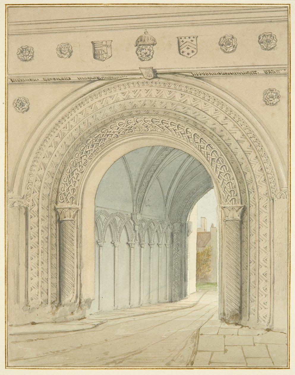 College Gateway kemerinin kuzey görünümü (kağıt üzerine kalem ve sulu boya) by Thomas Leeson the Elder Rowbotham