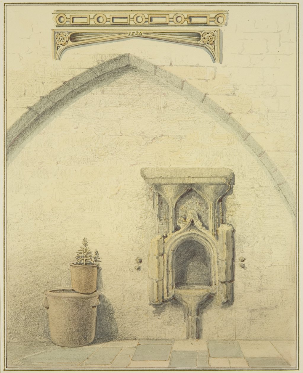 131 Temple Street Avlusunda Piscina, Friz ve Spandrels (kağıt üzerine kurşun kalem ve sulu boya) by Thomas Leeson the Elder Rowbotham