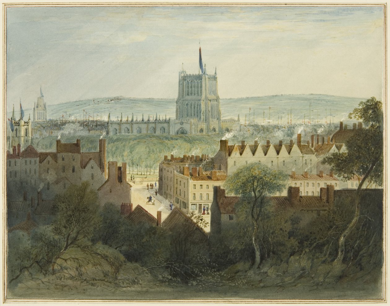 Katedral, College Green ve College Street (kağıt üzerine suluboya) by Thomas Leeson the Elder Rowbotham