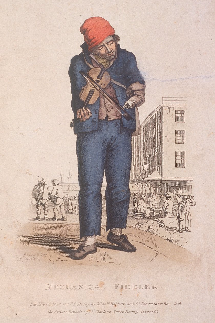 Protez kollu kemancı, arka planda market var, 1820 by Thomas Lord Busby