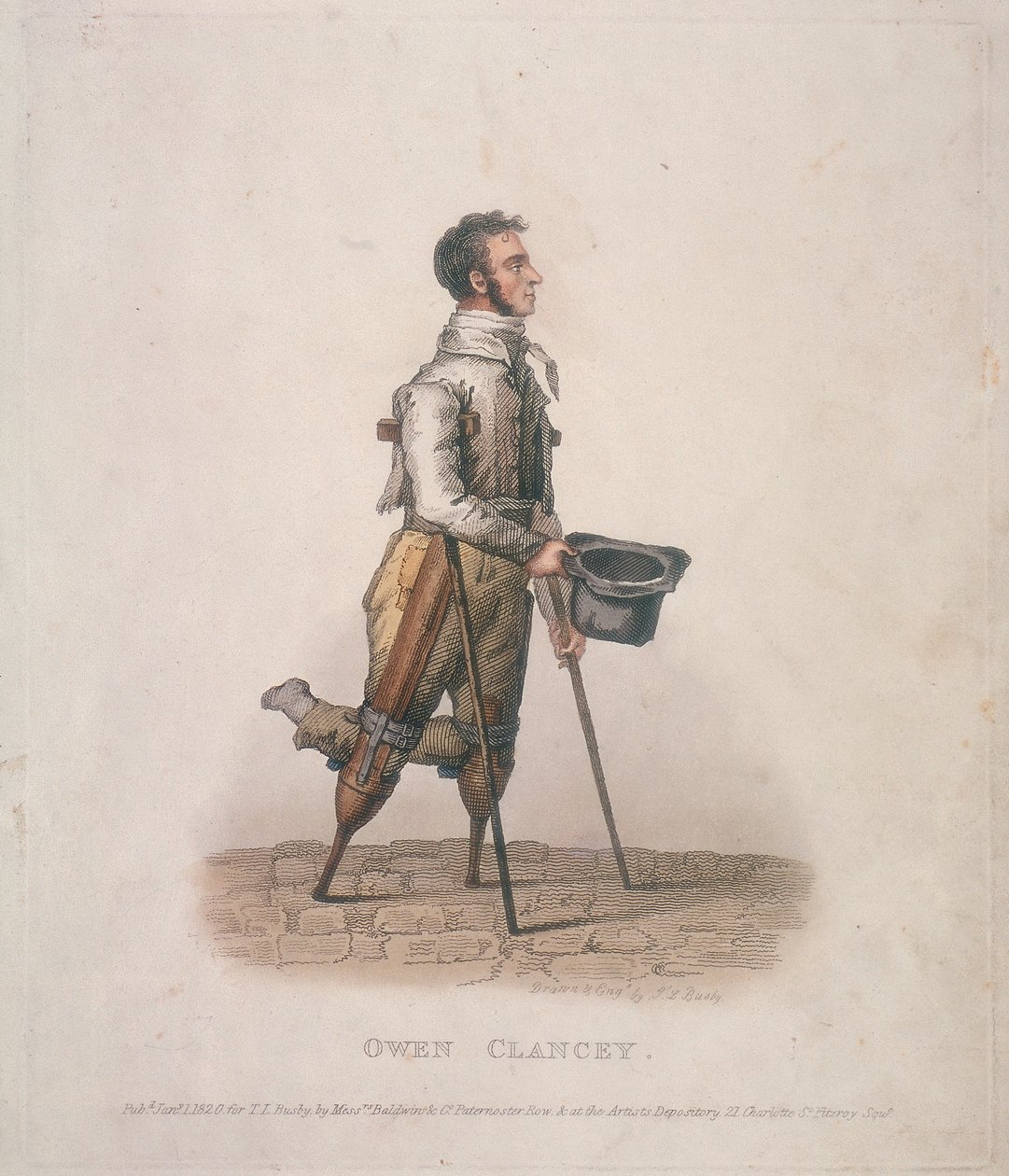 Owen Clancy, şapkası elinde, koltuk değneklerinde ve bacaklarına bağlı aletlerle dileniyor, 1820 by Thomas Lord Busby