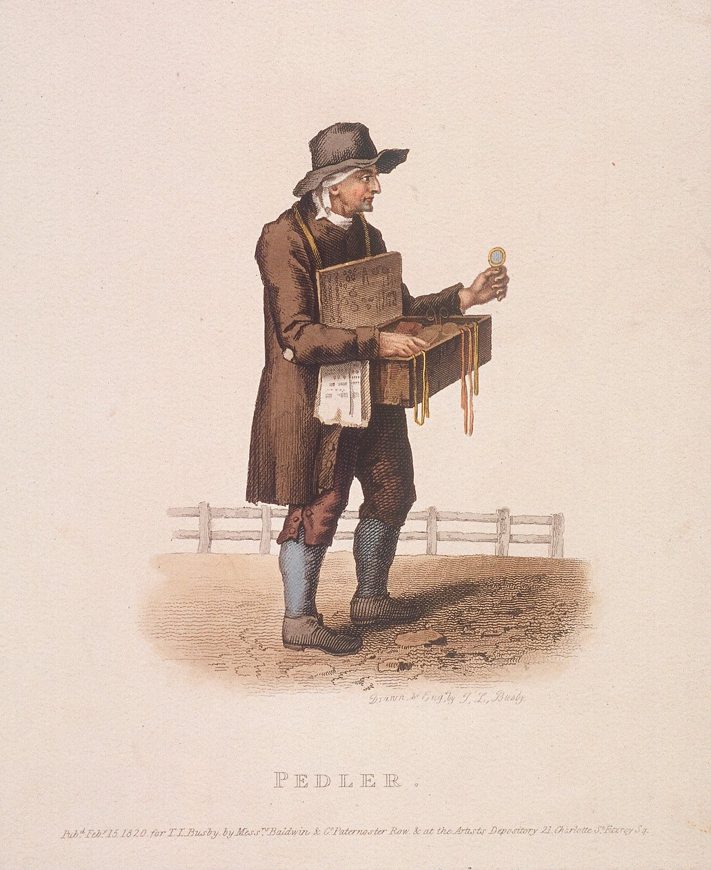 Boynuna asılı mal kutusuyla seyyar satıcı, 1820 by Thomas Lord Busby