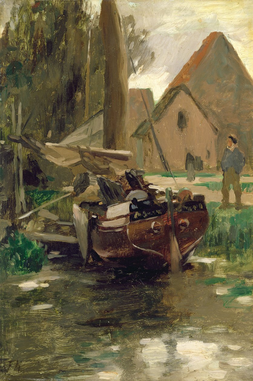 Small Harbour with a Boat (oil on paper laid down on board) by Thomas Ludwig Herbst