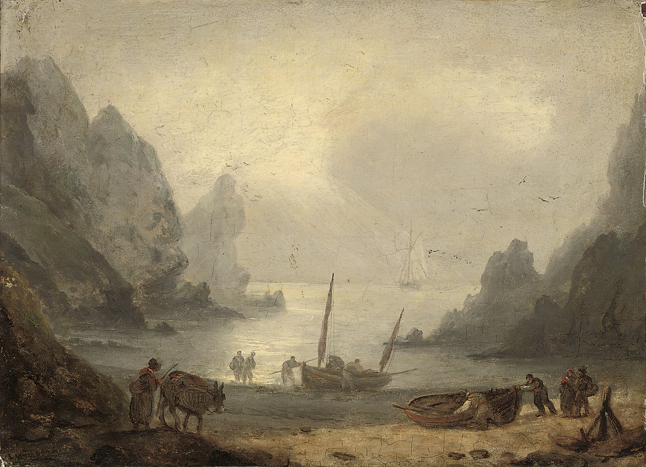 Balıkçıların avlarını kıyıya boşalttığı bir Devonshire körfezi, c.1804 by Thomas Luny